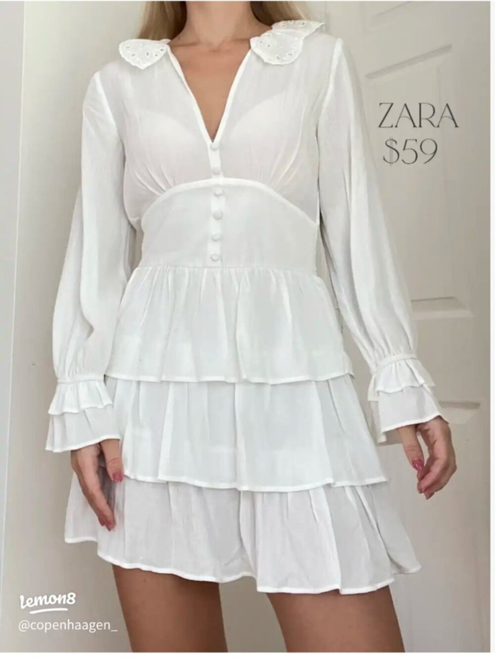 Zara Embroidery Collar Tiered Long-Sleeve Mini Dress M - Picture 10 of 11